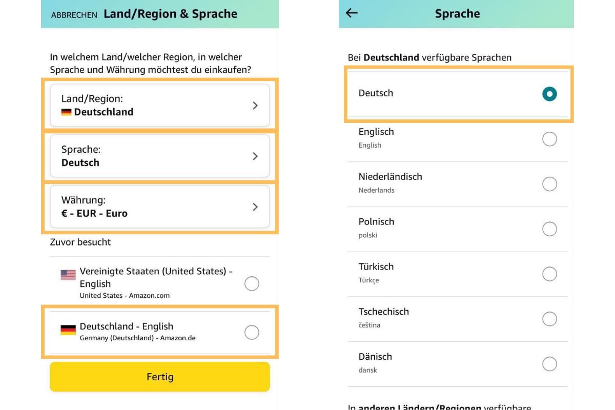 In der Amazon App unter Land und Sprache kannst Du Land / Region, Sprache und Währung ändern.